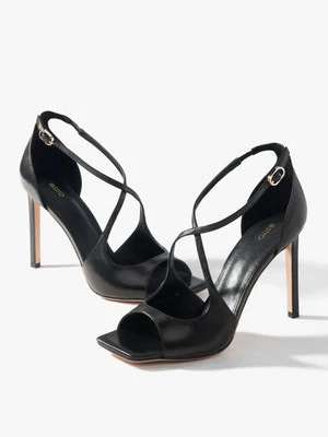 Estro: Czarne sandałki damskie na szpilce z ozdobnym zapięciem