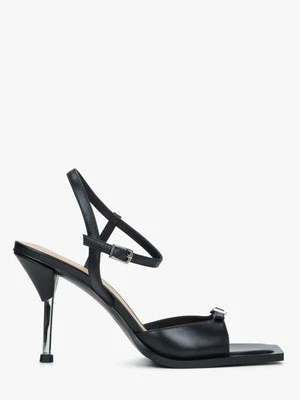 Estro: Czarne sandałki damskie na szpilce ze skóry naturalnej