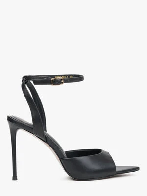 Estro: Czarne sandałki damskie na wysokiej szpilce ze skóry naturalnej
