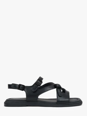 Estro: Czarne sandały damskie na płaskiej podeszwie ze skóry naturalnej z czarnymi detalami