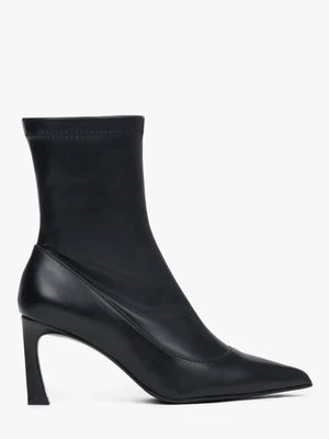 Estro: Czarne skórzane botki damskie z elastyczną cholewą na szpilce
