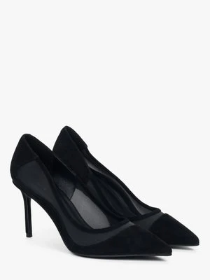 Estro: Czarne szpilki damskie z weluru naturalnego i miękkich tekstyliów