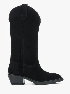 Estro: Czarne wysokie kowbojki damskie z włoskiego weluru naturalnego Premium