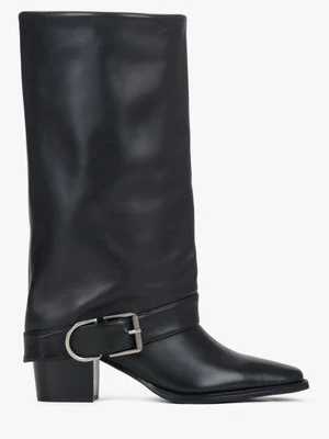 Estro: Czarne wysokie kowbojki damskie ze skóry naturalnej ze sprzączką