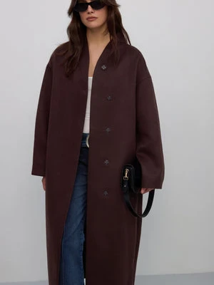 Estro: Długi ciemnobrązowy płaszcz damski wiązany w pasie z wełny wielbłądziej i kaszmiru