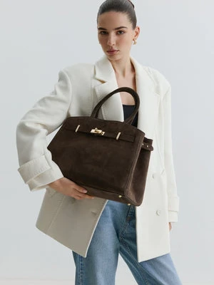 Estro: Elegancka ciemnobrązowa torebka typu tote z włoskiego weluru naturalnego Premium