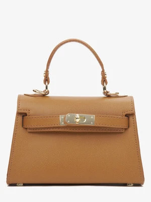 Estro: Jasnobrązowa torebka damska kuferek z włoskiej skóry naturalnej Premium ze złotymi okuciami