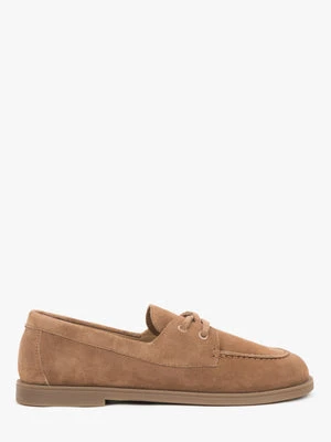 Estro: Jasnobrązowe loafersy damskie w stylu żeglarskim z włoskiego weluru naturalnego Premium