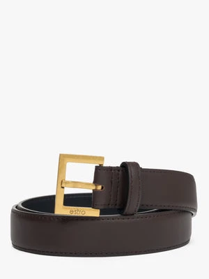 Estro: Klasyczny ciemnobrązowy pasek damski ze skóry naturalnej ze złotymi okuciami