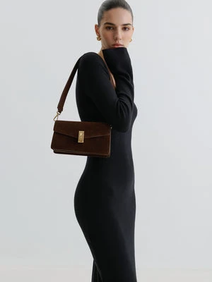 Estro: Mała ciemnobrązowa torebka damska na ramię z weluru naturalnego