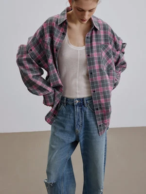 Estro: Szaro-różowa koszula damska w kratę z odpinanymi rękawami