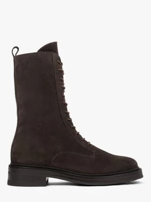 Estro: Wysokie ciemnobrązowe botki damskie z włoskiego weluru naturalnego