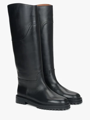 Estro: Wysokie czarne kozaki damskie ze skóry naturalnej na płaskiej podeszwie