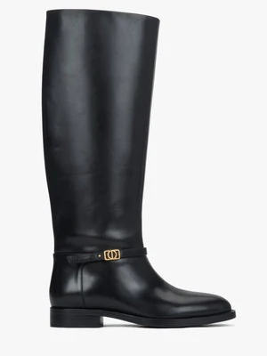 Estro: Wysokie czarne kozaki damskie ze skóry naturalnej ze złotą sprzączką
