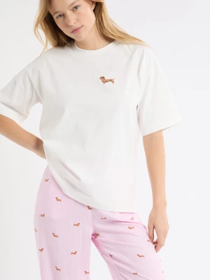 Koszulka bawełniana "Life is better with a dog" z haftem jamnika Etam