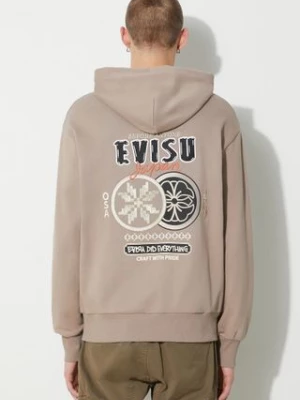 Evisu bluza bawełniana Double Kamon EMB męska kolor beżowy z kapturem z nadrukiem 2EAHTM3SW1076RXCT