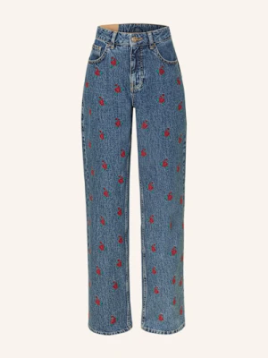 Farm Rio Jeansy Straight Flower Embroidered blau
