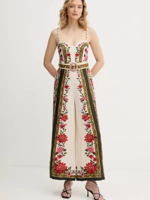 Farm Rio kombinezon lniany kolor beżowy z dekoltem w szpic 344883