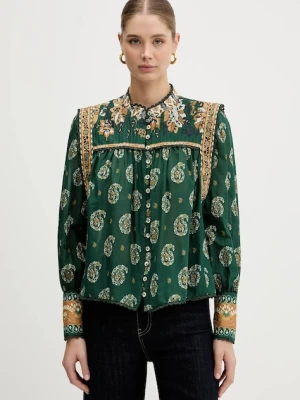 Farm Rio koszula bawełniana damska kolor zielony relaxed ze stójką 351137