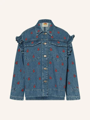 Farm Rio Kurtka Jeansowa Flower Embroidered Z Falbankami blau