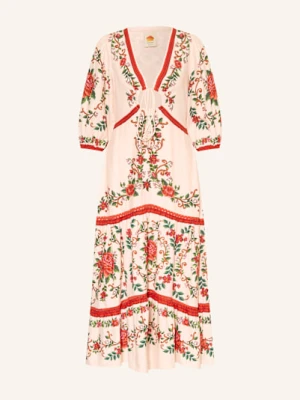 Farm Rio Sukienka Flower Tapestry Z Lnem I Rękawami 3/4 rosa