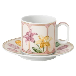 Filiżanka do espresso ze spodkiem Idyllia, Porcelana, Nadrukowany motyw kryształu, cytron, Różnokolorowa Swarovski