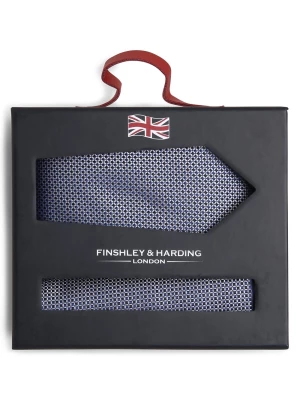 Finshley & Harding London Krawat i poszetka z jedwabiu Mężczyźni Jedwab niebieski wypukły wzór tkaniny,