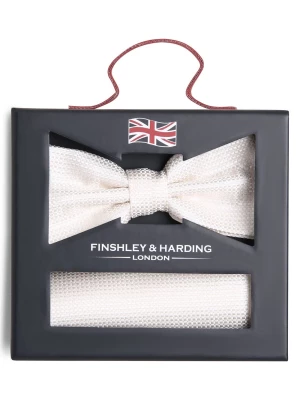 Finshley & Harding London Męska jedwabna muszka i poszetka Mężczyźni Jedwab biały wypukły wzór tkaniny,
