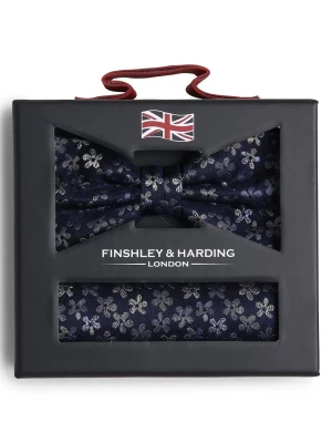 Finshley & Harding London Męska jedwabna muszka i poszetka Mężczyźni Jedwab niebieski wzorzysty,