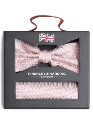 Finshley & Harding London Męska jedwabna muszka i poszetka Mężczyźni Jedwab różowy wypukły wzór tkaniny,