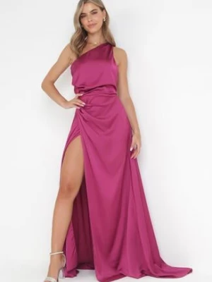 Fioletowa Asymetryczna Sukienka na Jedno Ramię z Kopertowym Dołem Emmellis