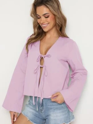 Fioletowa Bawełniana Bluzka Narzutka Wiązana na Troczki z Szerokimi Rękawami Calorea rosa