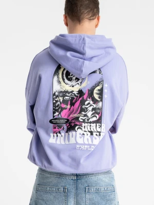 Fioletowa bluza BOXY z kapturem z autorską grafiką z tyłu Reporter
