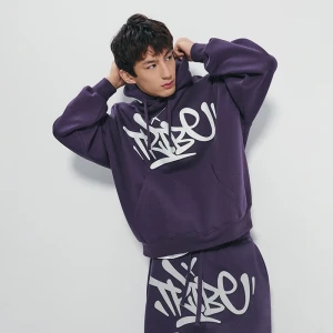 Fioletowa bluza z kapturem oversize cropped z nadrukiem graffiti House