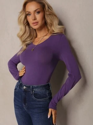 Fioletowa Bluzka Longsleeve z Trójkątnym Dekoltem Fezomia glo-story