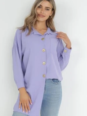 Fioletowa Długa Koszula z Rozcięciami po Bokach i Naszytą Kieszonką Hypallia lily rose