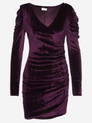 Fioletowa Dopasowana Kopertowa Sukienka z Weluru z Bufiastymi Rękawami Ardell