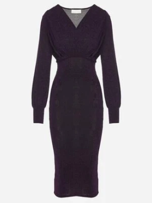 Fioletowa Dopasowana Sukienka z Kopertowym Dekoltem i Bufiastymi Rękawami Ulonissa