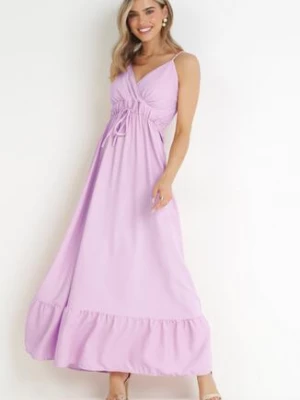 Fioletowa Gładka Sukienka Maxi z Marszczoną Elastyczną Talią Tenawa