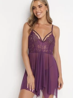 Fioletowa Koronkowa Koszula Nocna z Trójkątnym Dekoltem z Paseczkami oraz Stringami Anjika yuna