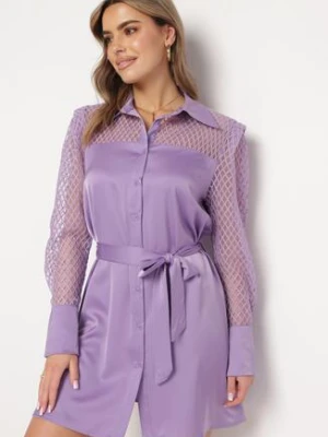 Fioletowa Koszulowa Mini Sukienka z Materiałowym Paskiem i Siateczką w Górnej Części Gudris manosque