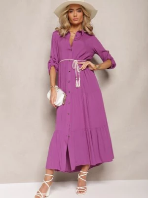Fioletowa Koszulowa Sukienka Maxi z Bawełny Junira