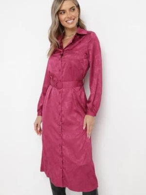 Fioletowa Koszulowa Sukienka Midi z Materiałowym Paskiem Gloriese