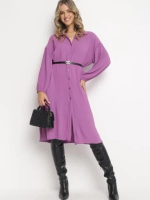 Fioletowa Koszulowa Sukienka Midi z Plisowanej Tkaniny z Guzikami Safira lily rose