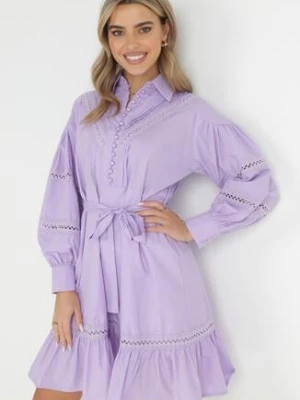 Fioletowa Koszulowa Sukienka z Bufiastym Rękawem i Ażurowymi Wstawkami Staples elsa.m by may