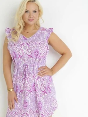 Fioletowa Kwiecista Sukienka Mini z Materiałowym Paskiem i Falbankami Caidin