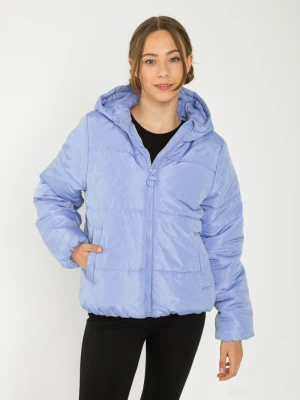 Fioletowa ocieplana pikowana kurtka z kapturem i nadrukami Reporter