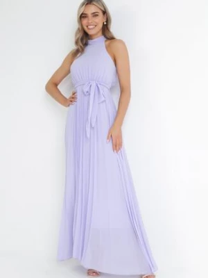 Fioletowa Plisowana Sukienka Maxi z Gumką w Pasie i Rozkloszowanym Dołem Tehe