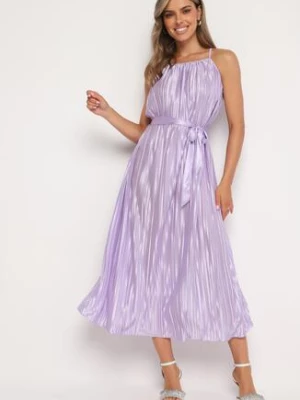 Fioletowa Plisowana Sukienka na Cienkich Ramiączkach Wiązana w Talii Virsea