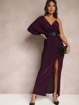 Fioletowa Połyskująca Sukienka Maxi o Asymetrycznym Fasonie z Trójkątnym Dekoltem i Rozcięciem Imisnna